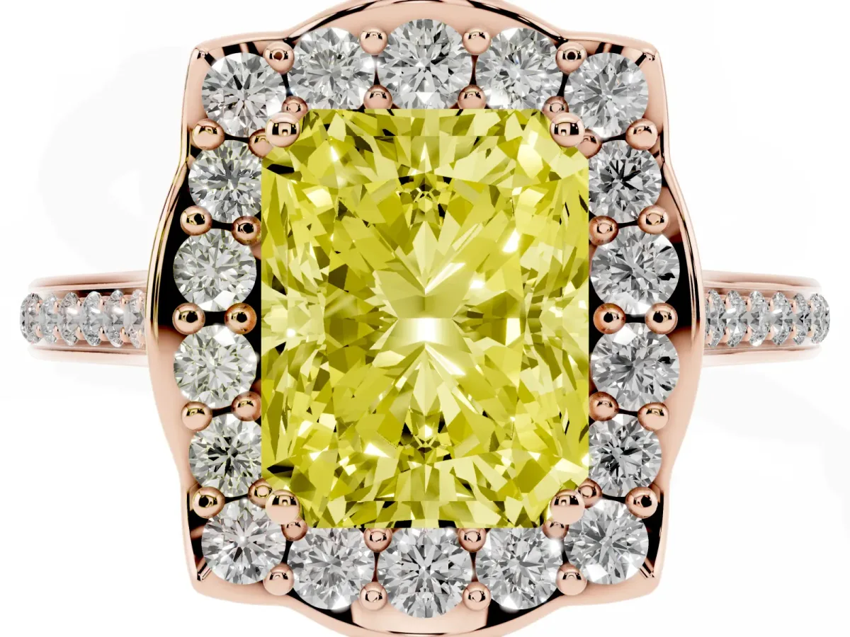 Fancy Yellow Radiant Cut Halo Round Diamond Pave Band with Four-Prong Setting Rose gold