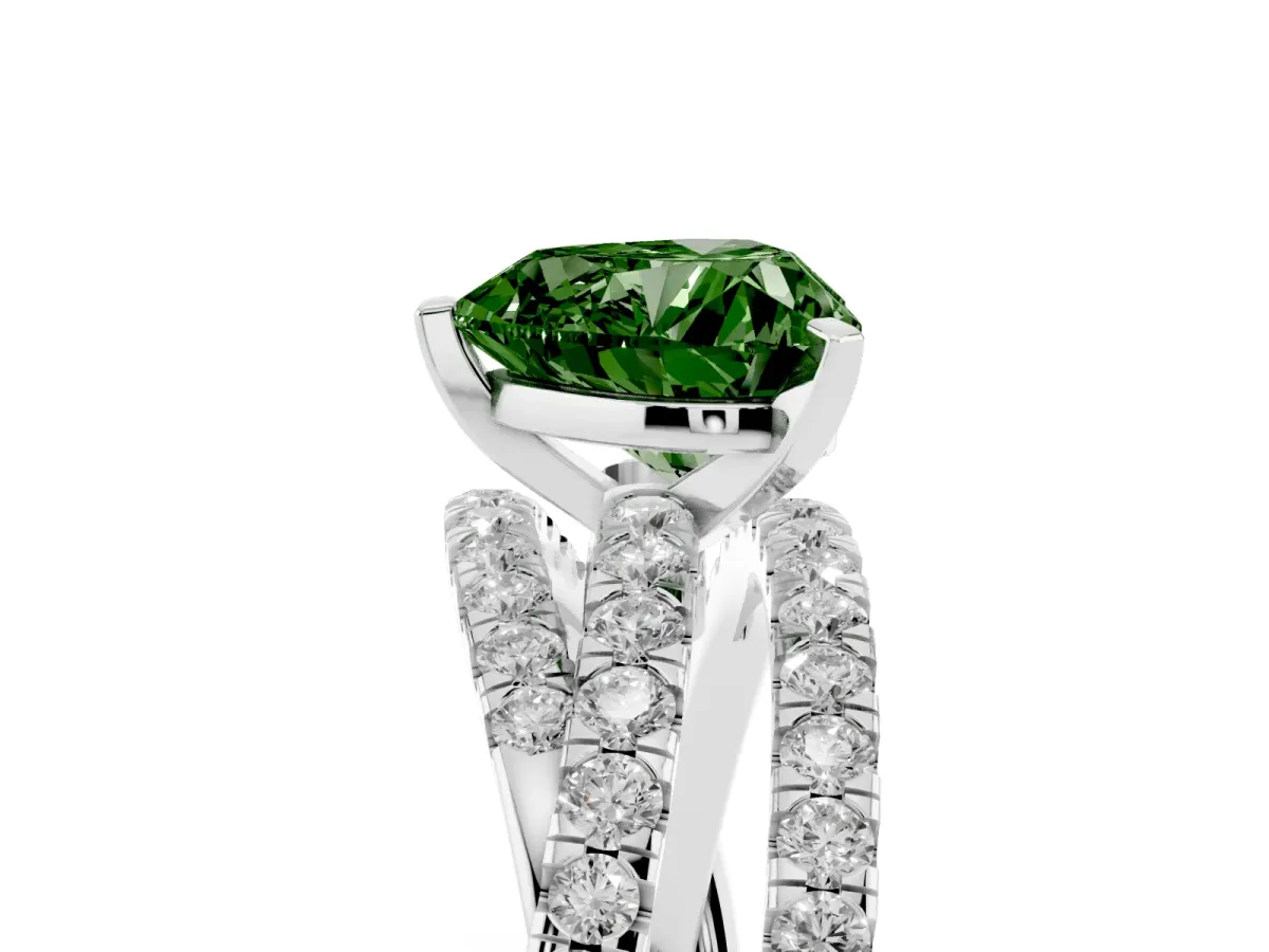 Fancy Green Heart Cut Solitaire Twist Band with Pavé Setting and Four-Prong Setting Silver