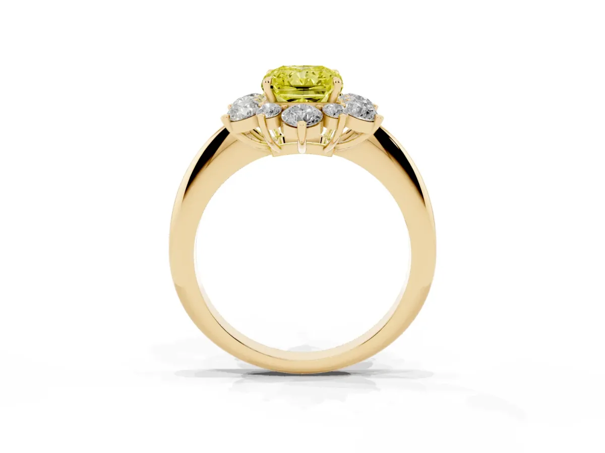 Fancy Yellow Radiant Cut Diamond Cluster Halo Ring with Solitaire Band and Four-Prong Setting Yellow gold