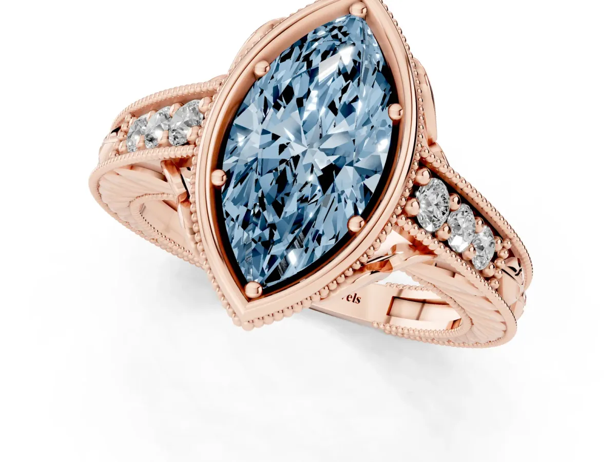 Fancy Blue Bezel Set Marquise Cut Diamond Milgrain Pave Engagement Ring Rose gold