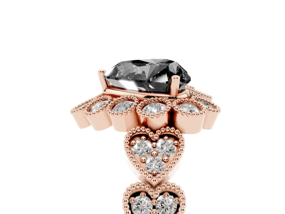 Fancy Black Heart Cut Brilliant Milgrain Pave Heart Band Solitaire Ring Rose gold