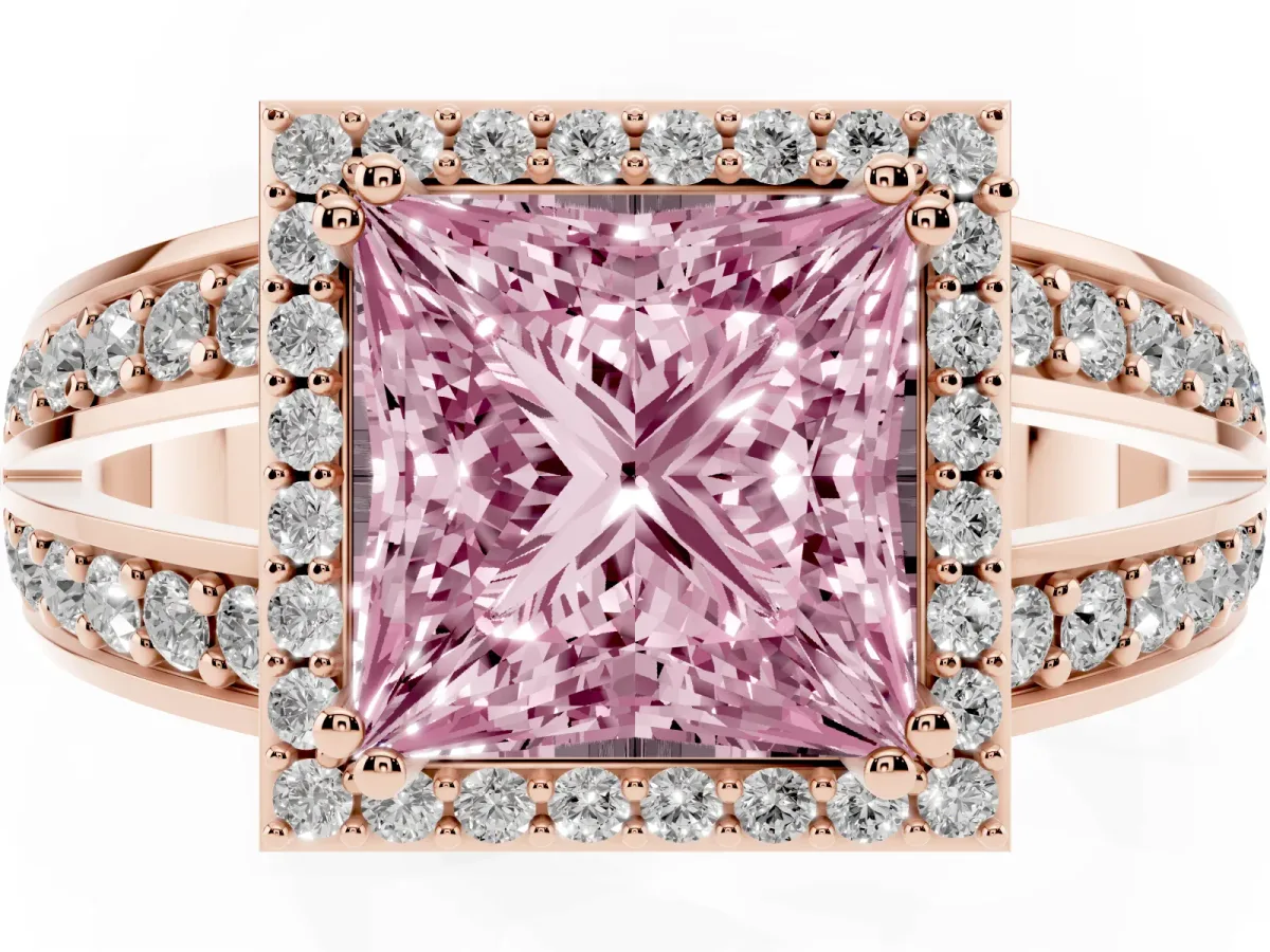 Fancy Pink Princess Cut Diamond Halo Ring with Split Shank Pavé Band and Four-Prong Setting Rose gold