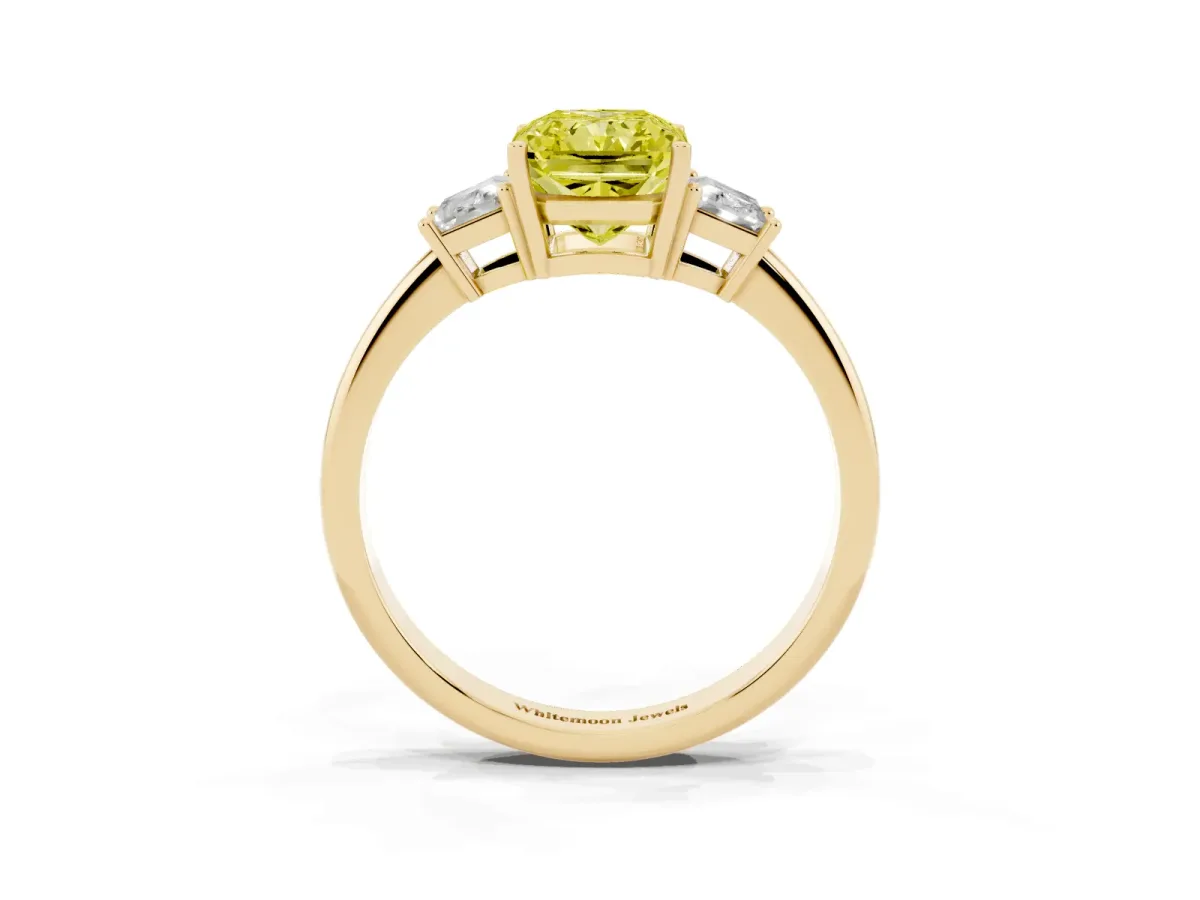 Fancy Yellow Radiant Cut Diamond Three-Stone Ring with Trapezoid Side Stones and Prong Setting Yellow gold