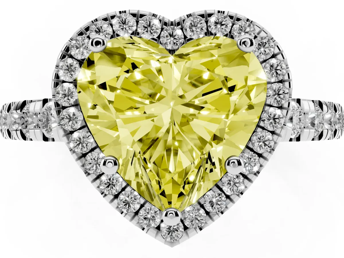 Fancy Yellow Heart Cut Diamond Halo Ring with Pavé Band and Four-Prong Setting White gold