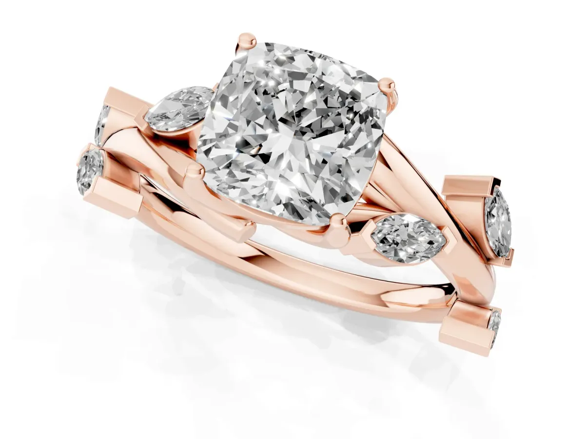 Cushion Cut Solitaire Twisted Band Marquise Accent Prong Setting Ring Rose gold