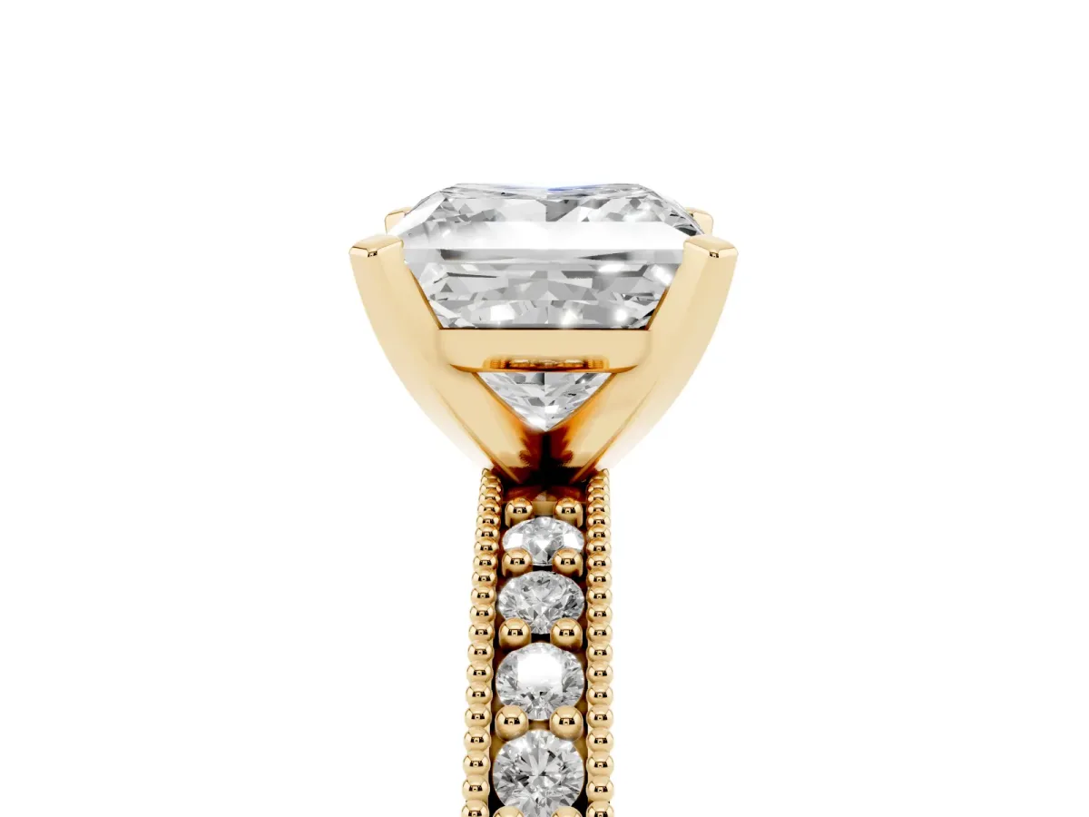 Princess Cut Diamond Milgrain Pavé Engagement Ring with Four-Prong Setting Yellow gold