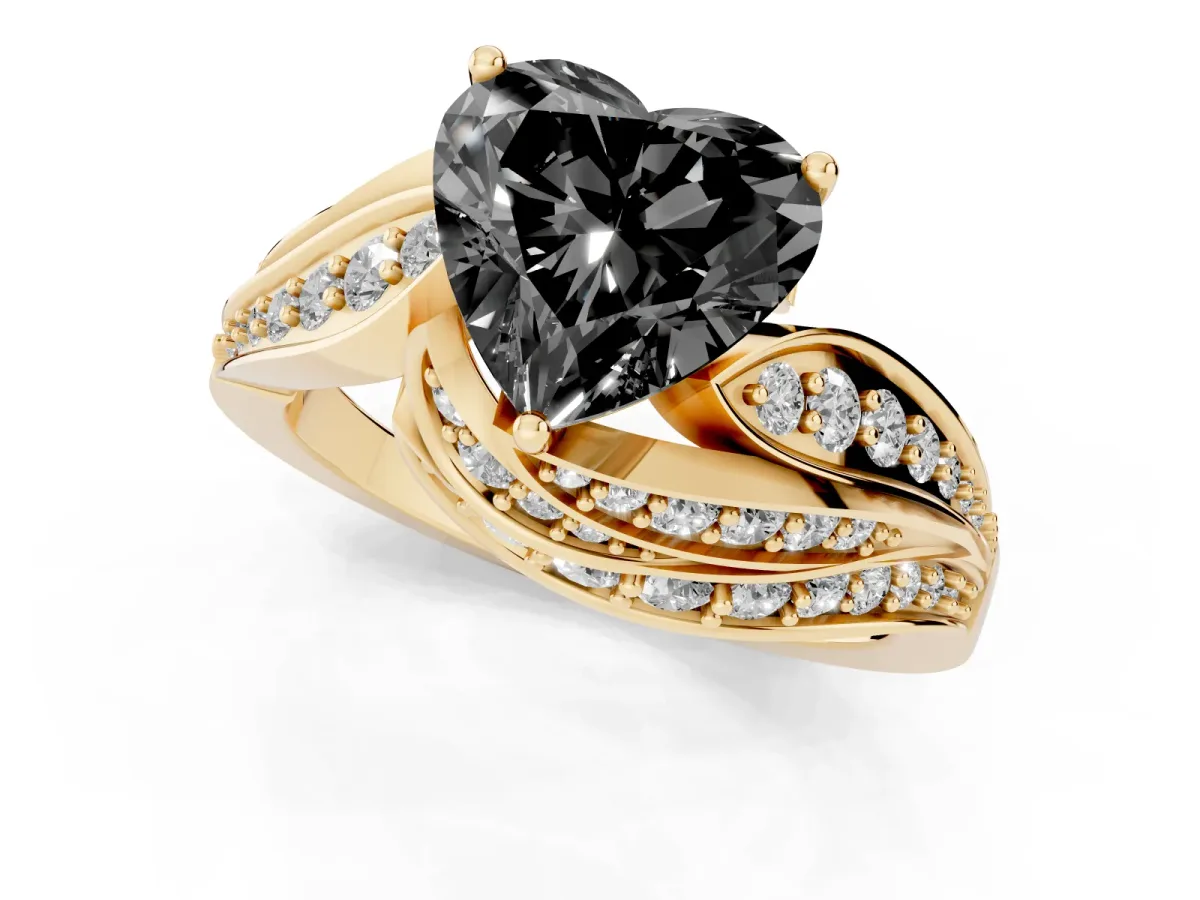 Fancy Black Heart Cut Diamond Solitaire Ring with Prong Setting and Twisted Pavé Band Yellow gold
