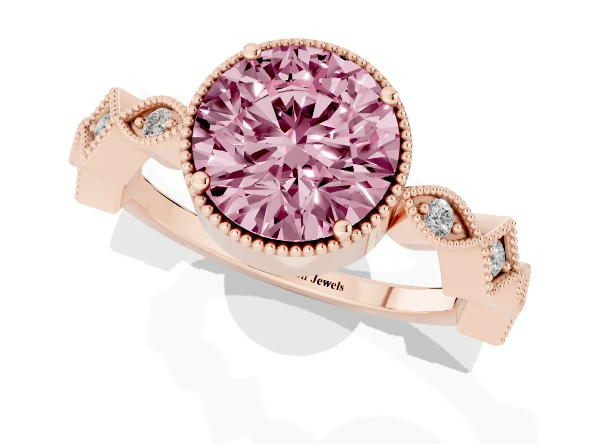Fancy Pink Round Cut Milgrain Marquise Diamond Twist Band Ring Rose gold