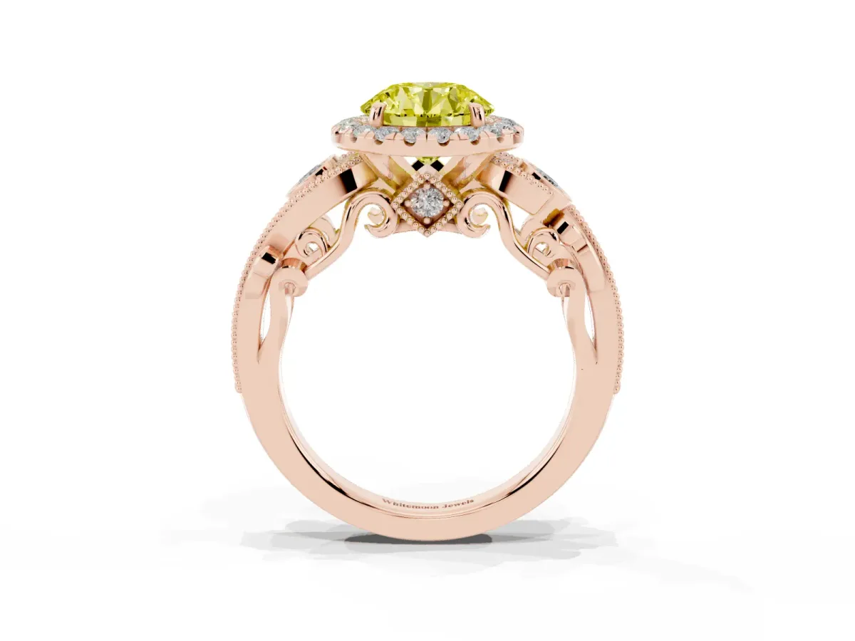 Fancy Yellow Round Cut Diamond Halo Ring with Milgrain Pavé Band and Four-Prong Setting Rose gold