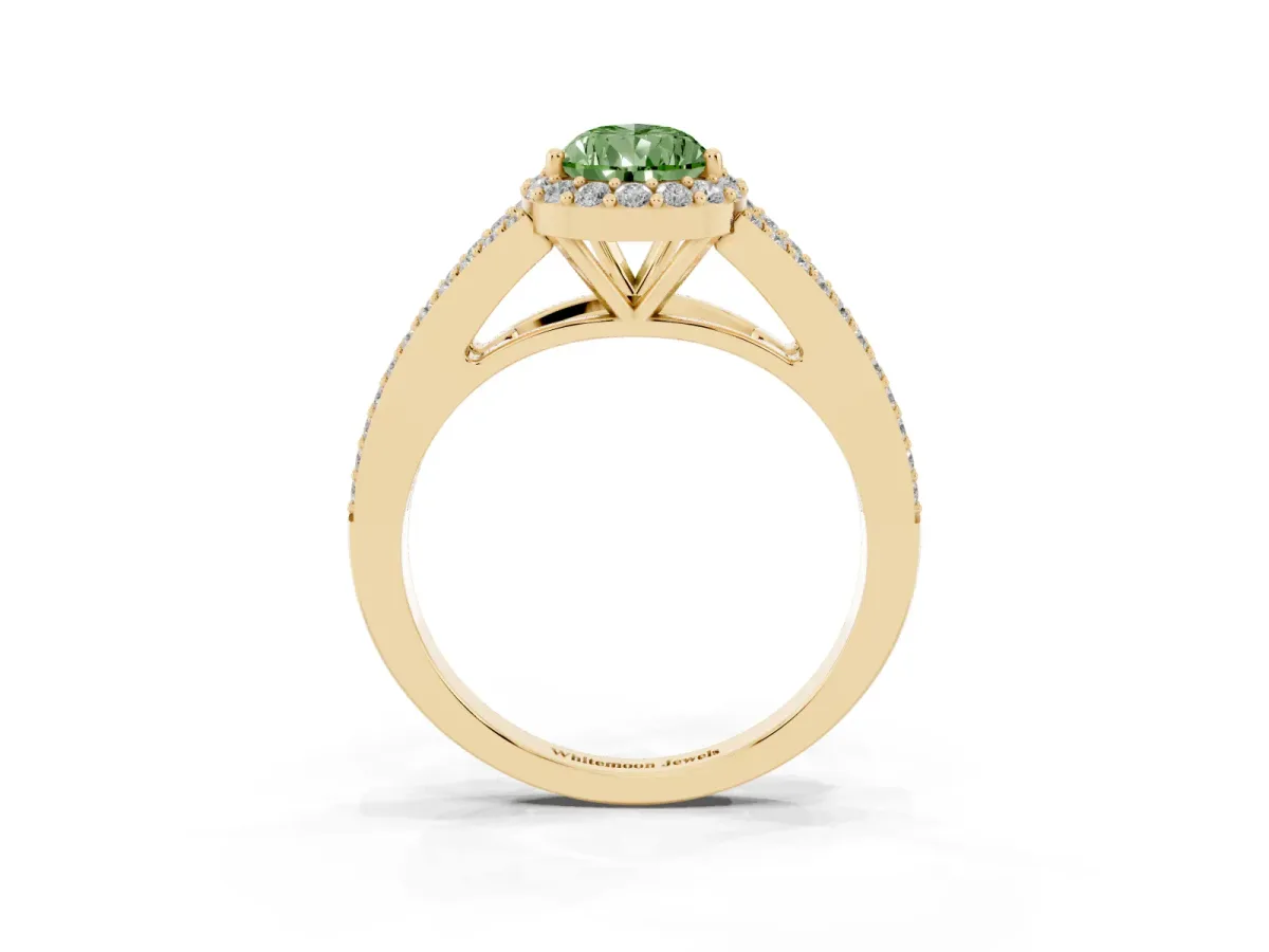 Fancy Green Pear Cut Halo Split Shank Pave Diamond Ring with Four-Prong Setting Yellow gold