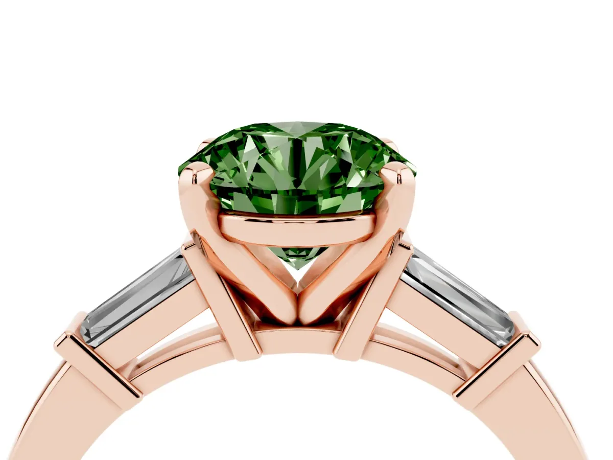 Fancy Green Round Cut Cut Diamond Solitaire Ring with Tapered Baguette Accents and Four-Prong Setting Rose gold