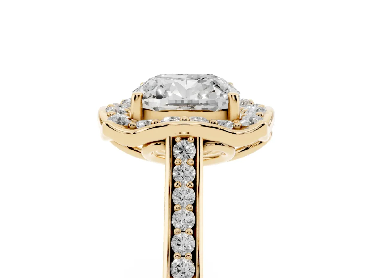 Cushion Cut Halo Round Diamond Pave Band with Four-Prong Setting Yellow gold