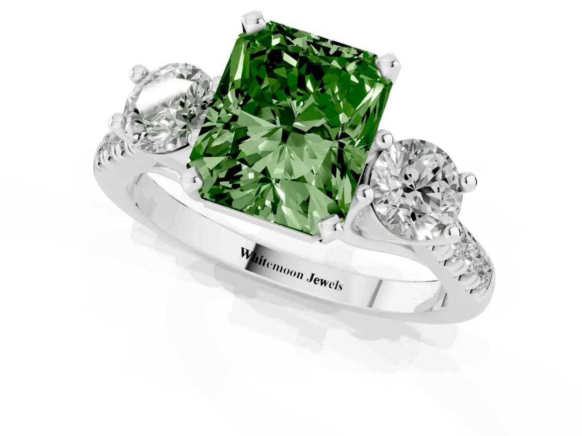 Fancy Green Three-Stone Radiant Cut Diamond Pavé Band with Four-Prong Setting Silver
