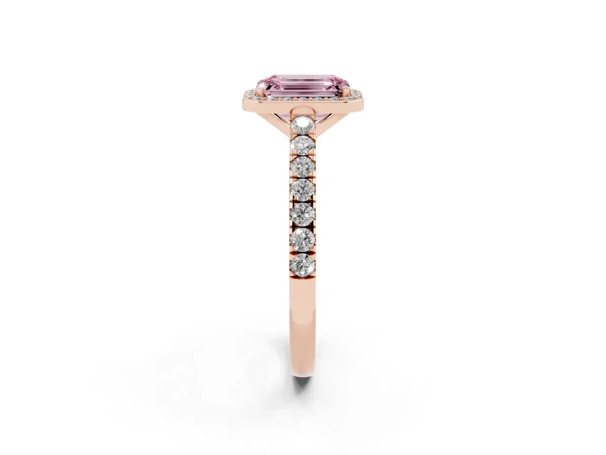 Fancy Pink Emerald Cut Cut Halo Diamond Engagement Ring with Pave Band and Four-Prong Setting Rose gold