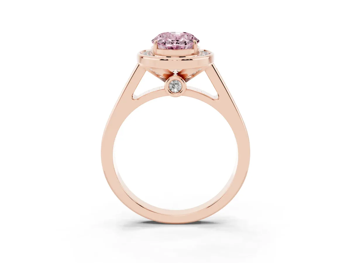 Fancy Pink Oval Cut Halo Solitaire Diamond Ring with Pave Band and Bezel Setting Rose gold