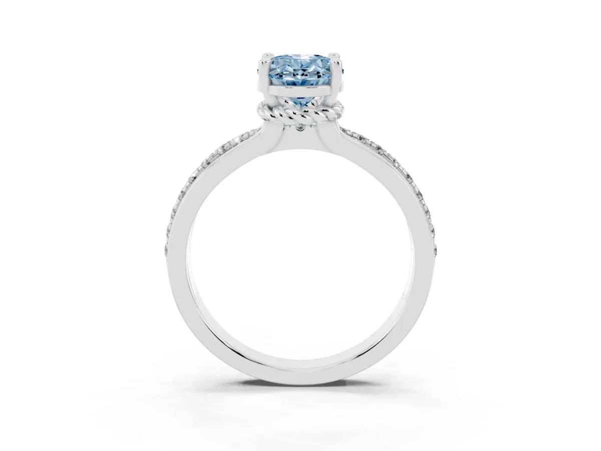 Fancy Blue Oval Cut Solitaire Diamond Ring with Channel Set Band and Six-Prong Setting Silver