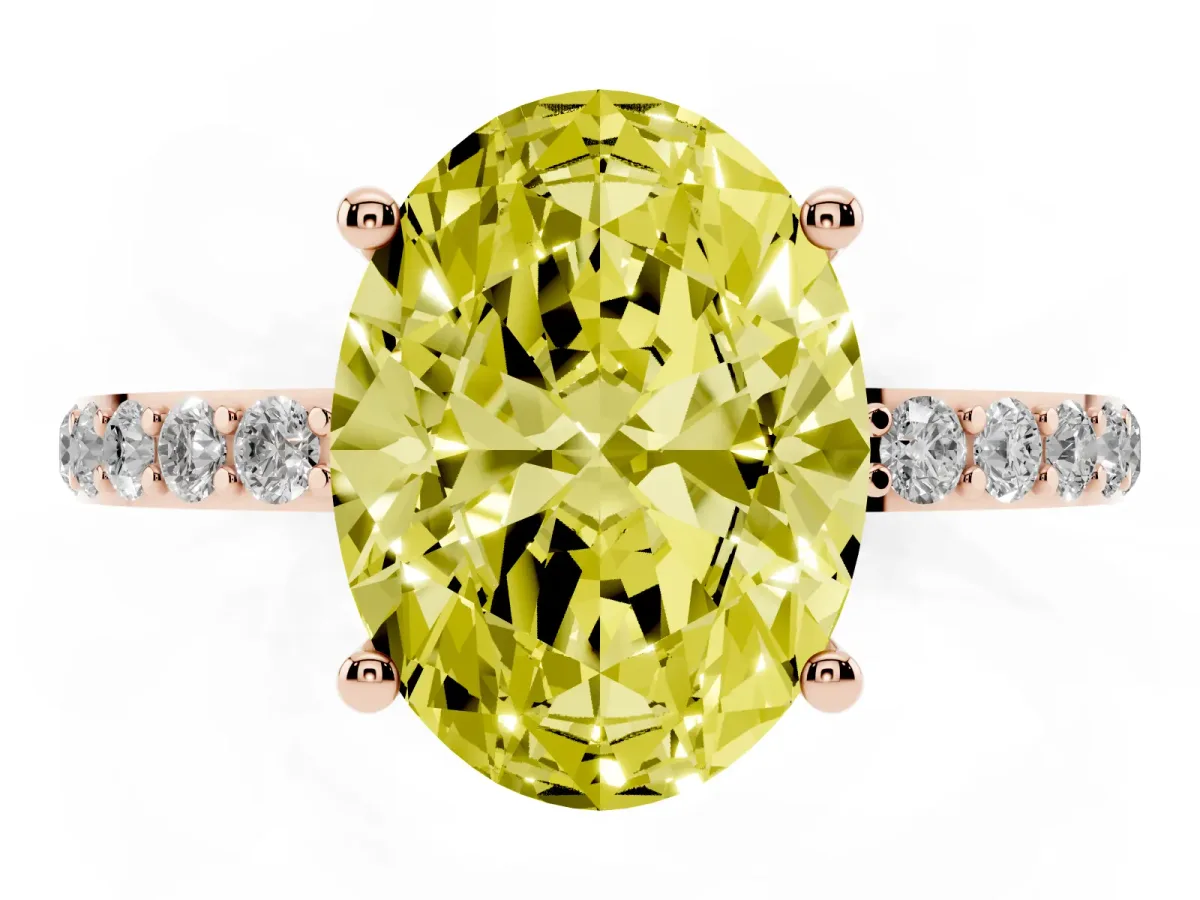 Fancy Yellow Oval Cut Diamond Solitaire Ring with Round Pavé Shoulders and Prong Setting Rose gold
