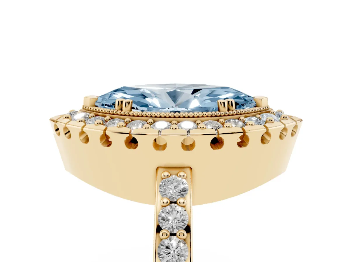 Fancy Blue Marquise Cut Diamond Halo Ring with Pavé Band and Prong Setting Yellow gold