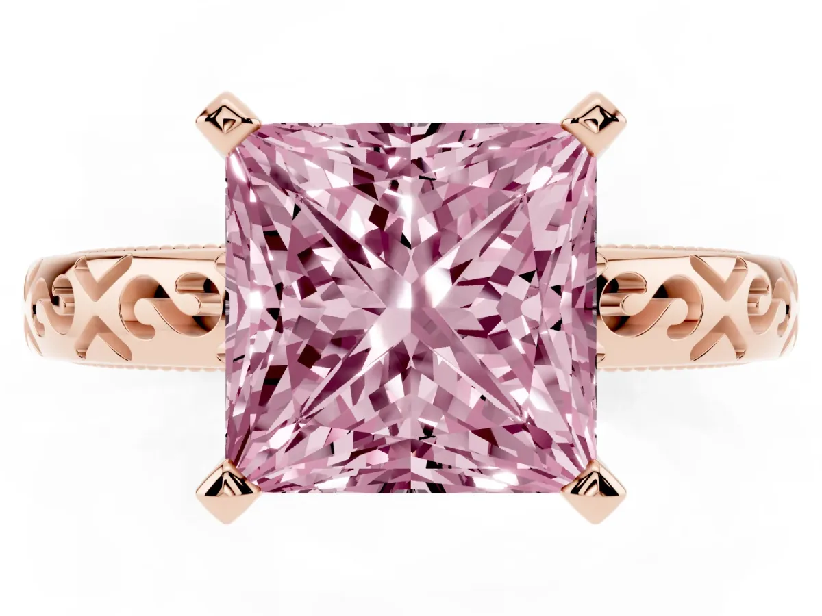 Fancy Pink Princess Cut Solitaire Engagement Ring with Scrollwork Band and Four-Prong Setting Rose gold