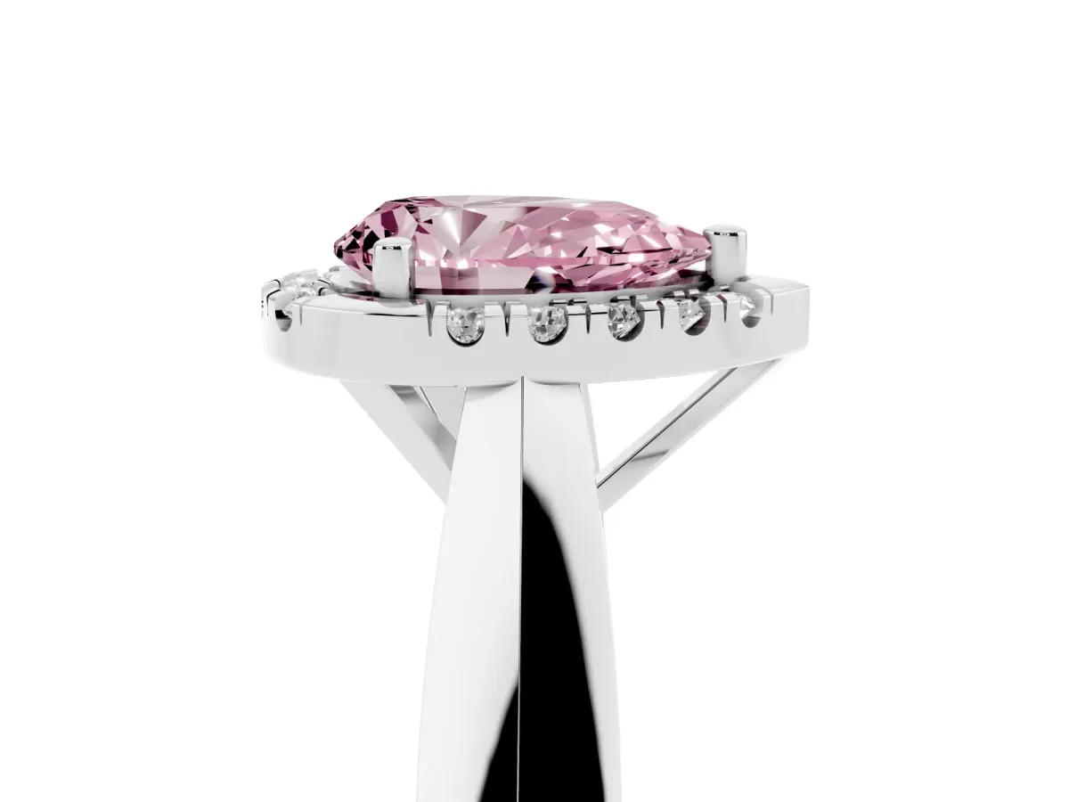 Fancy Pink Pear Cut Cut Halo Solitaire Engagement Ring with Square Band and Four-Prong Setting Silver
