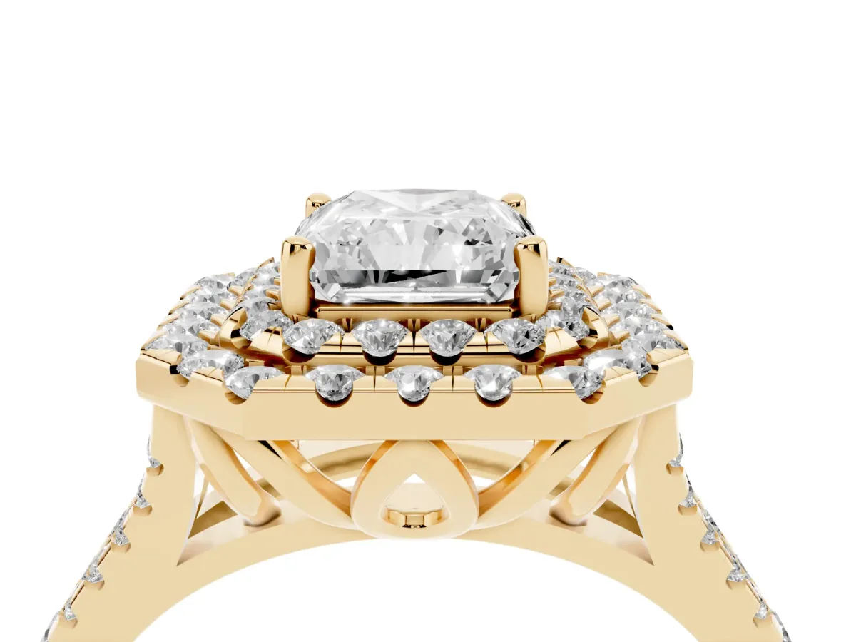 Double Halo Radiant Cut Diamond Pavé Split Shank Ring with Prong Setting Yellow gold