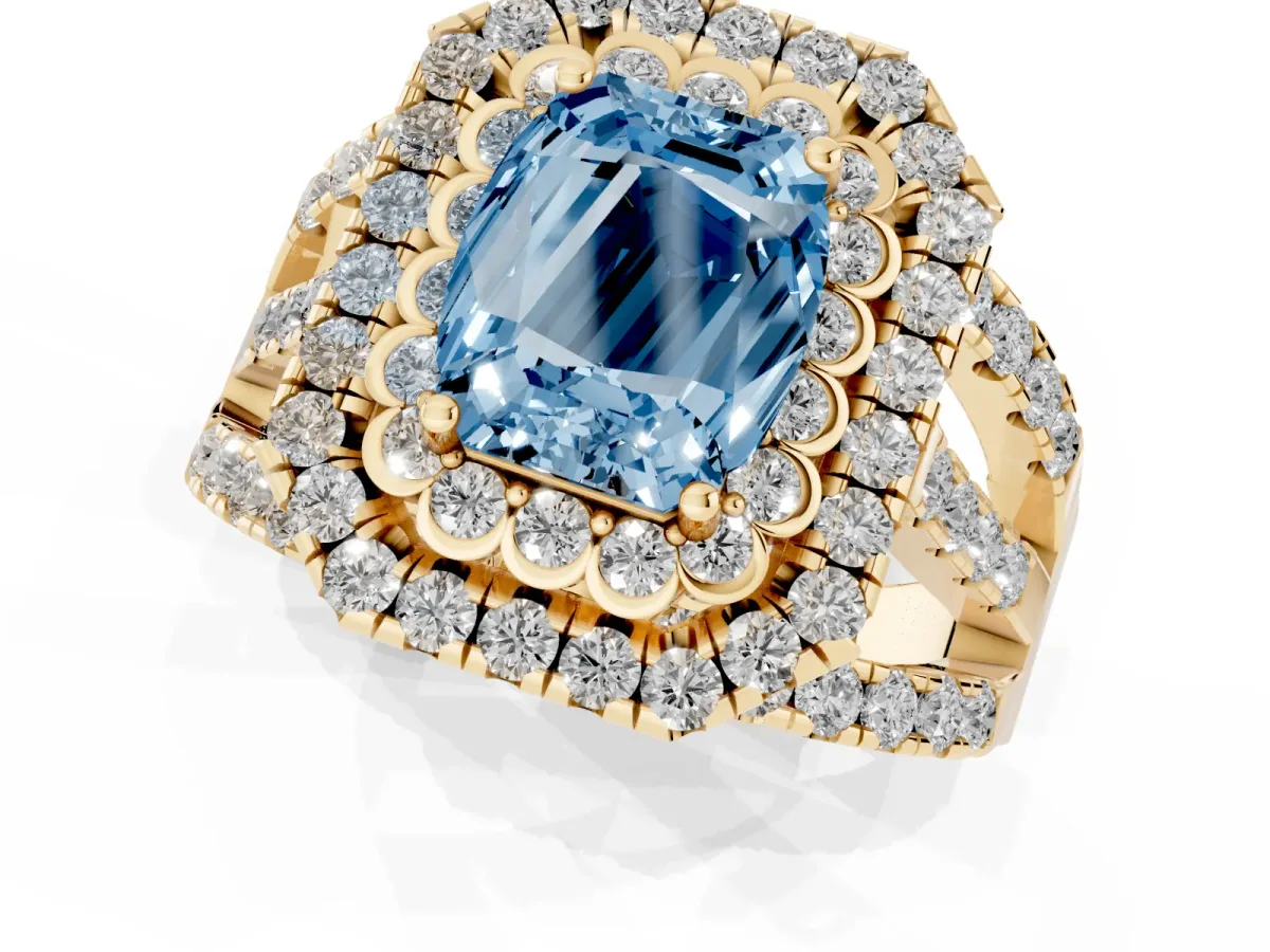 Fancy Blue Emerald Cut Diamond Double Halo Ring with Round Pavé Split Shank and Prong Setting Yellow gold