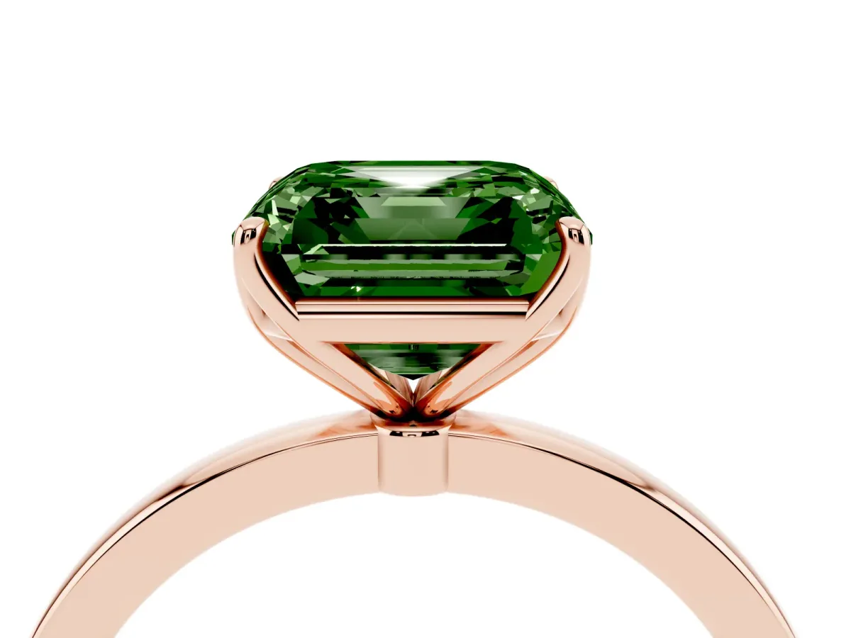 Fancy Green Asscher Cut Diamond Solitaire Ring with Thin Band and Prong Setting Rose gold