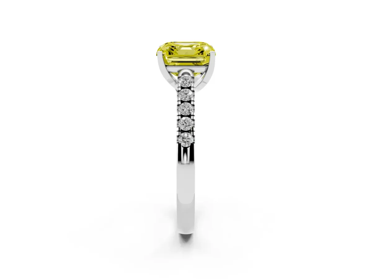 Fancy Yellow Asscher Cut Diamond Pavé Band Solitaire Ring with Prong Setting Platinum