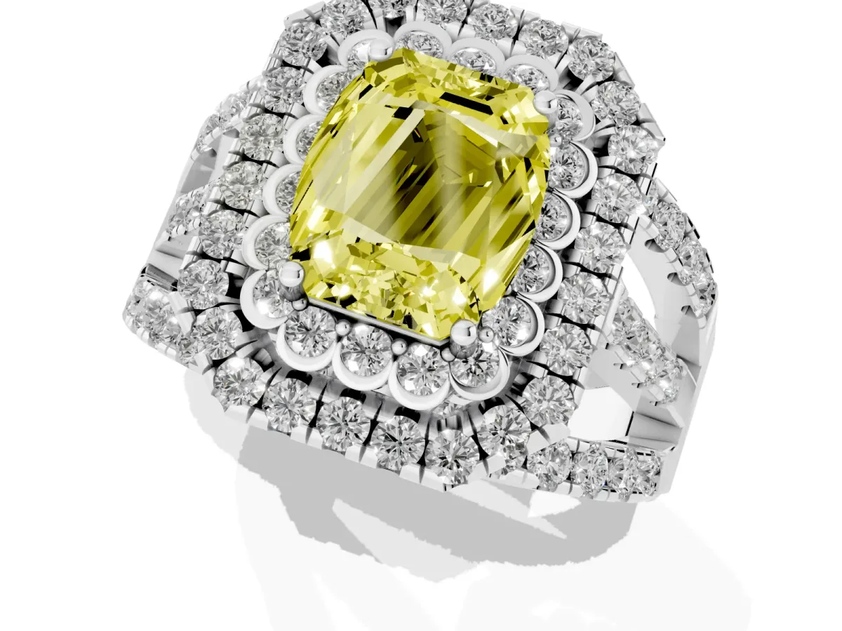 Fancy Yellow Emerald Cut Diamond Double Halo Ring with Round Pavé Split Shank and Prong Setting Silver