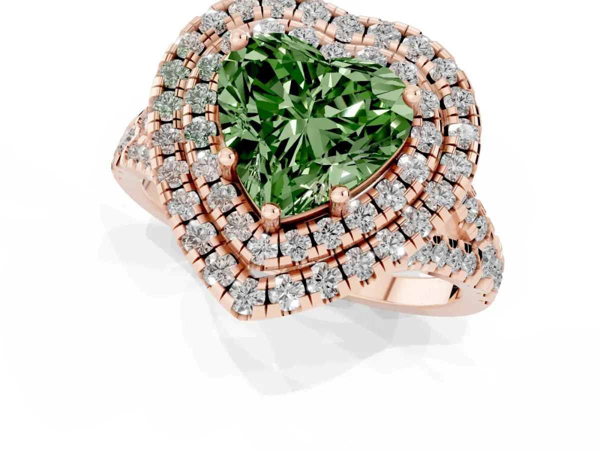 Fancy Green Double Halo Heart Cut Diamond Pavé Split Shank Ring with Prong Setting Rose gold