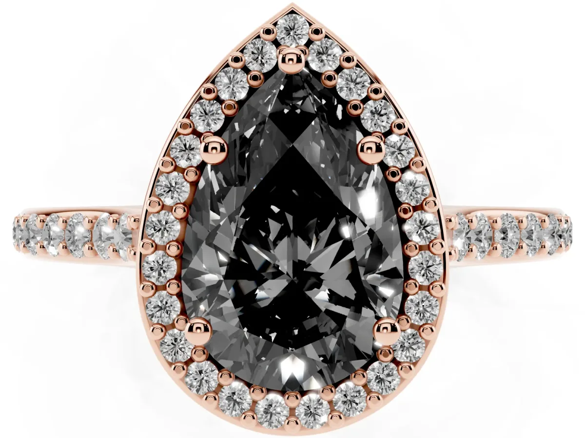 Fancy Black Pear Cut Diamond Halo Engagement Ring with Round Pavé Shoulders and Prong Setting Rose gold
