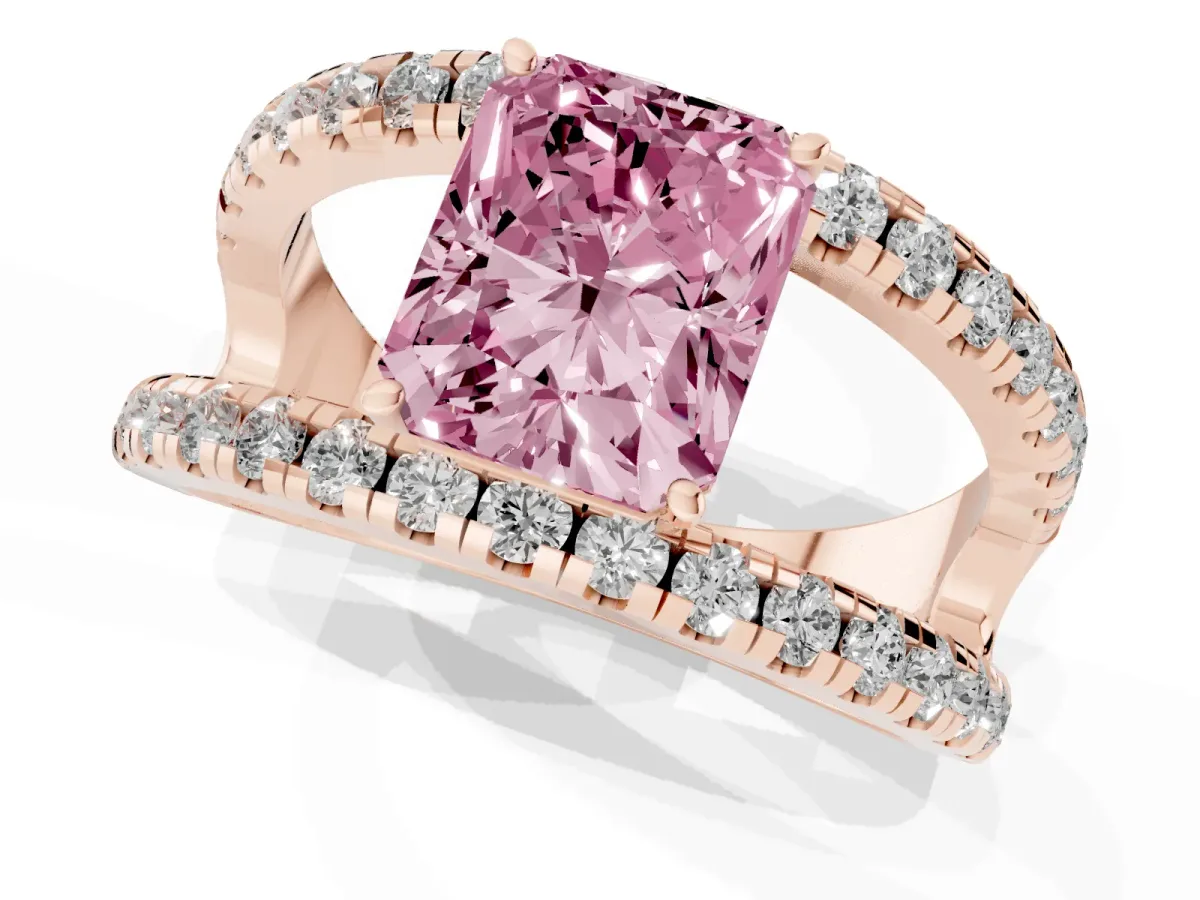 Fancy Pink Radiant Cut Solitaire Split Shank Pave Diamond Ring Rose gold