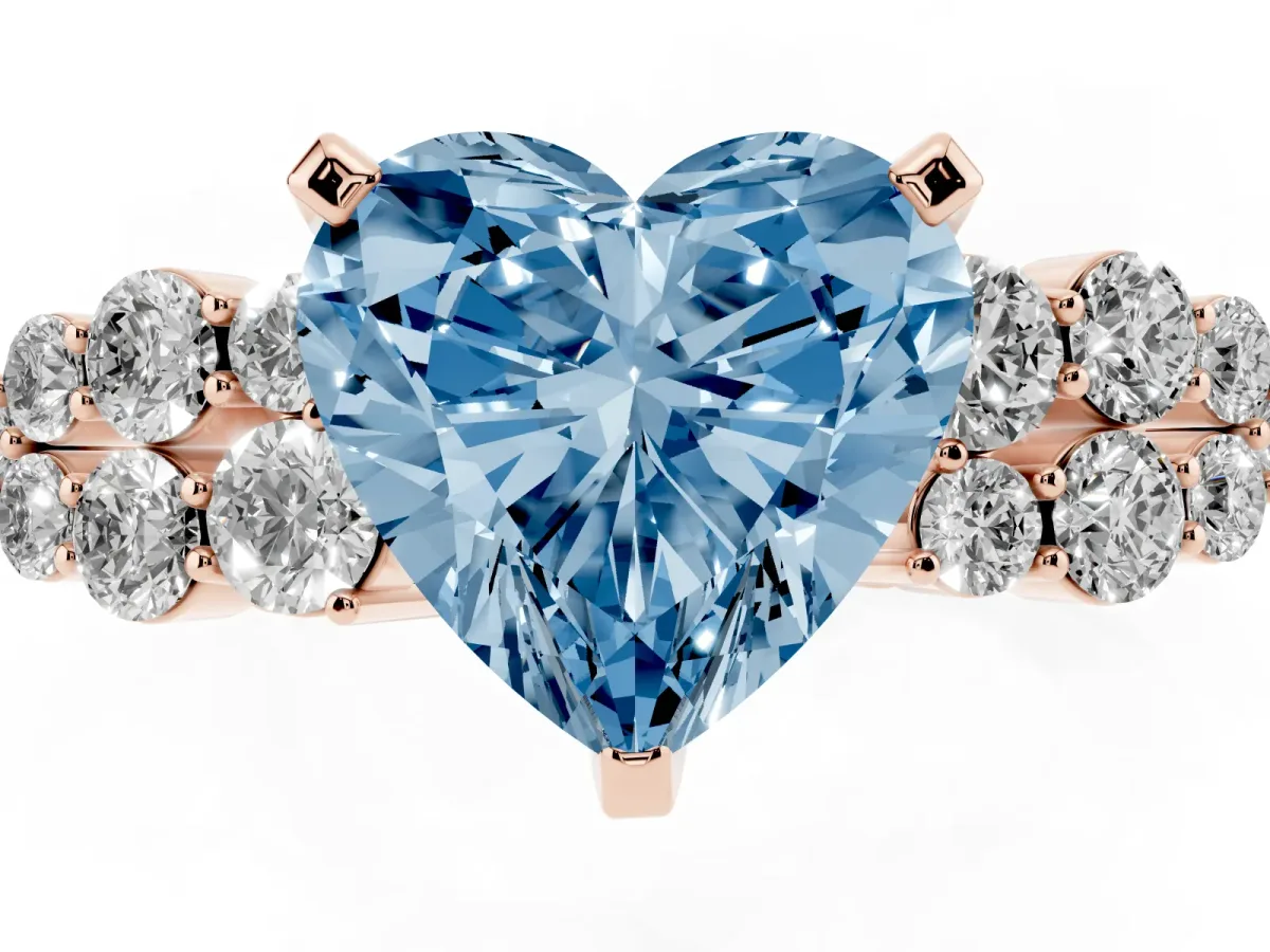 Fancy Blue Heart Cut Cluster Diamond Engagement Ring with Pavé Band and Four-Prong Setting Rose gold