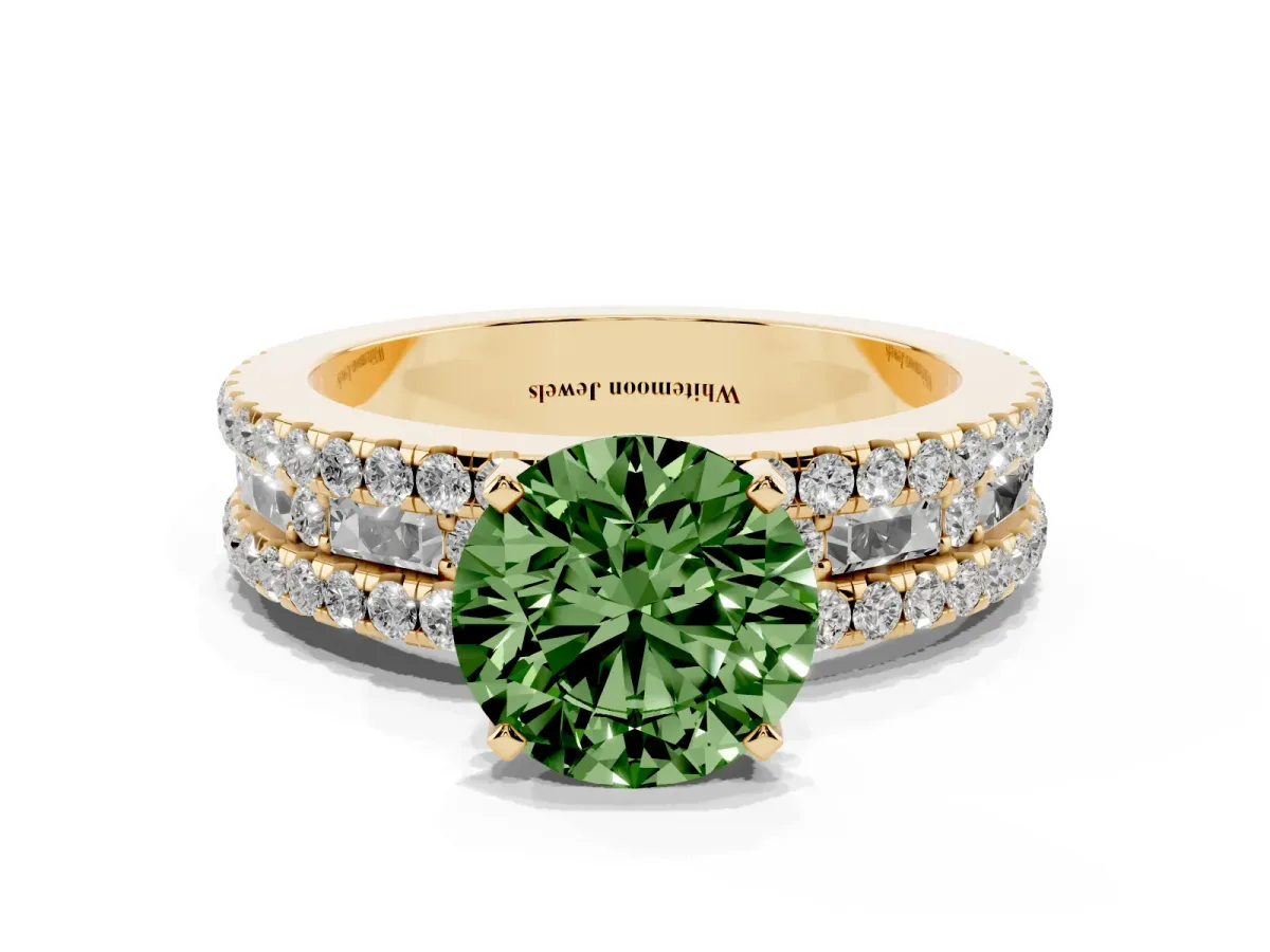 Fancy Green Round Cut Diamond Solitaire Ring with Pavé and Channel Set Band Yellow gold