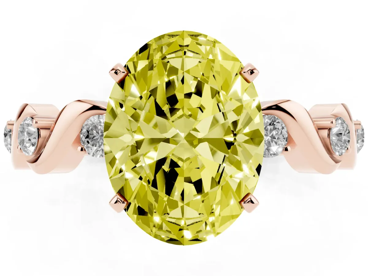 Fancy Yellow Oval Cut Diamond Solitaire Twisted Band with Round Accents and Prong Setting Rose gold