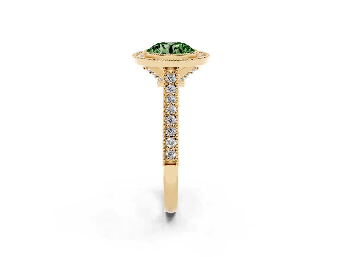 Fancy Green Halo Round Cut-Cut Diamond Pave Band Milgrain Prong Setting Ring Yellow gold
