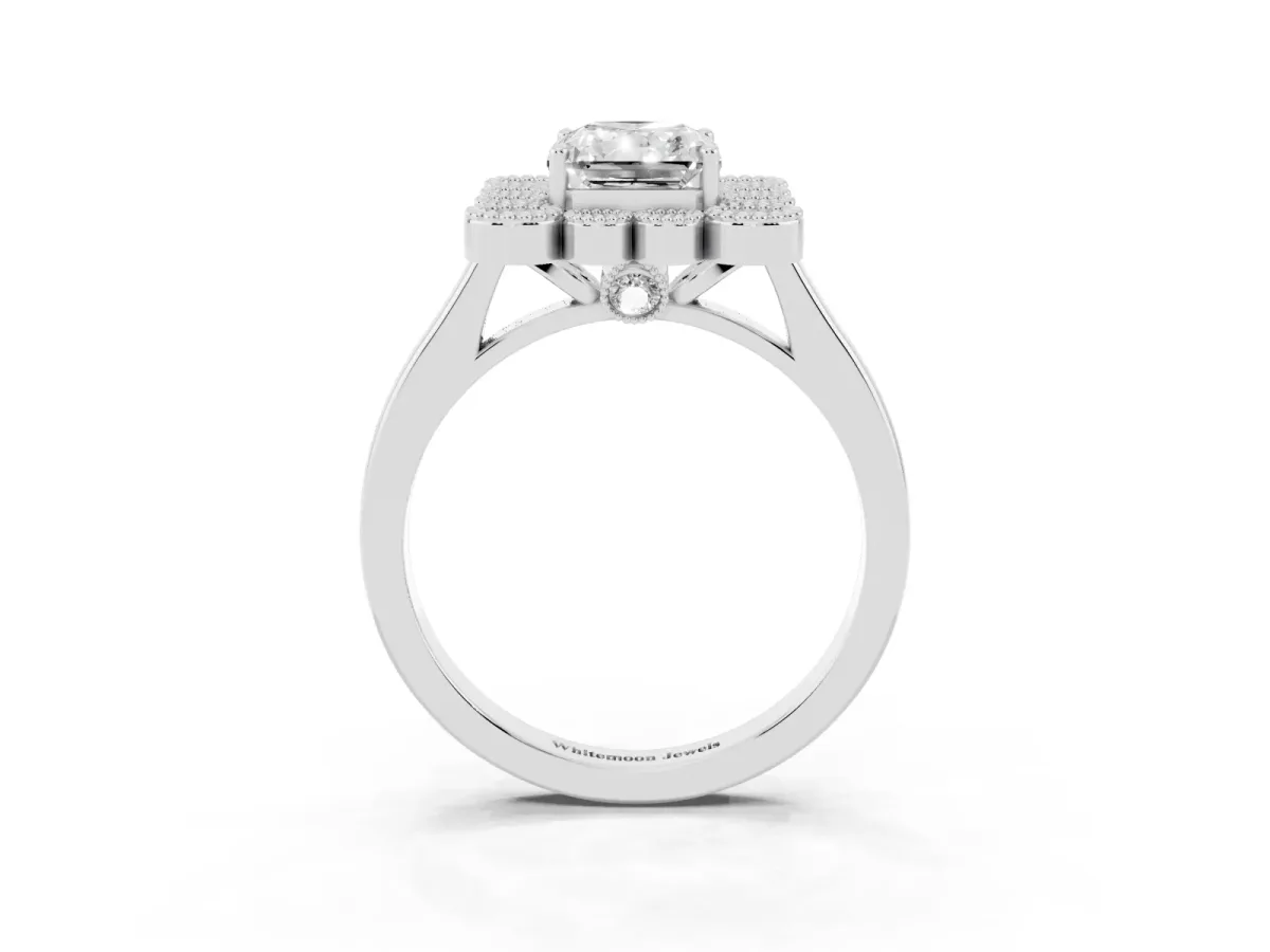 Radiant Cut Halo Diamond Cluster Engagement Ring with Milgrain Bezel Setting and Solitaire Band Silver