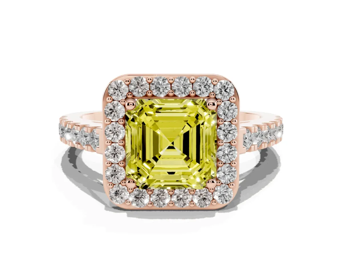 Fancy Yellow Asscher Cut Diamond Halo Ring with Round Pavé Split Shank and Prong Setting Rose gold