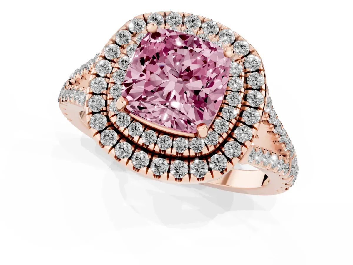 Fancy Pink Cushion Cut Diamond Double Halo Ring with Pavé Band and Prong Setting Rose gold
