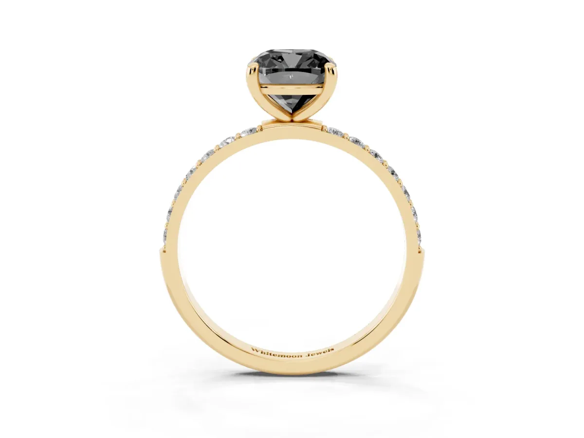Fancy Black Cushion Cut Diamond Solitaire Ring with Round Pavé Band and Prong Setting Yellow gold