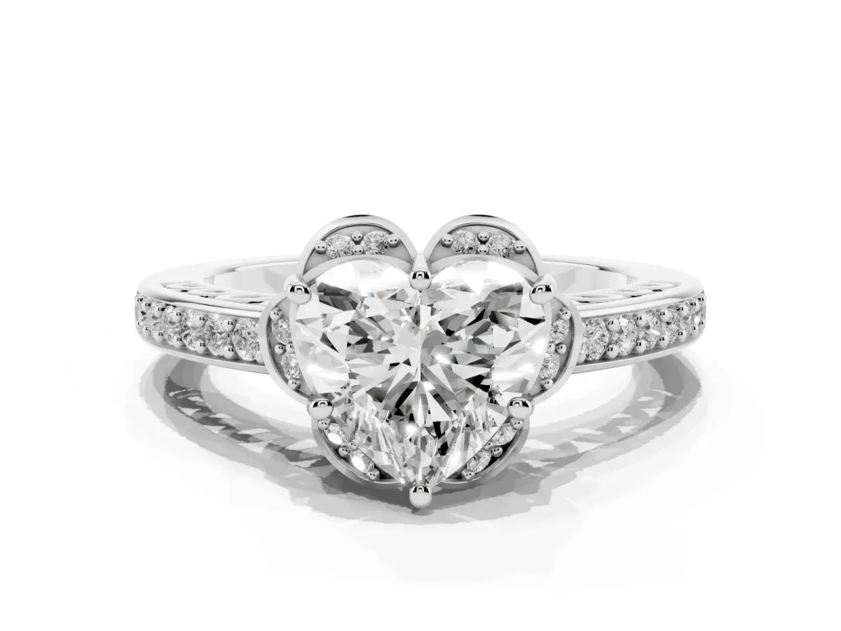 Heart Cut Cut Halo Diamond Ring with Channel Set Band and Four-Prong Setting White gold