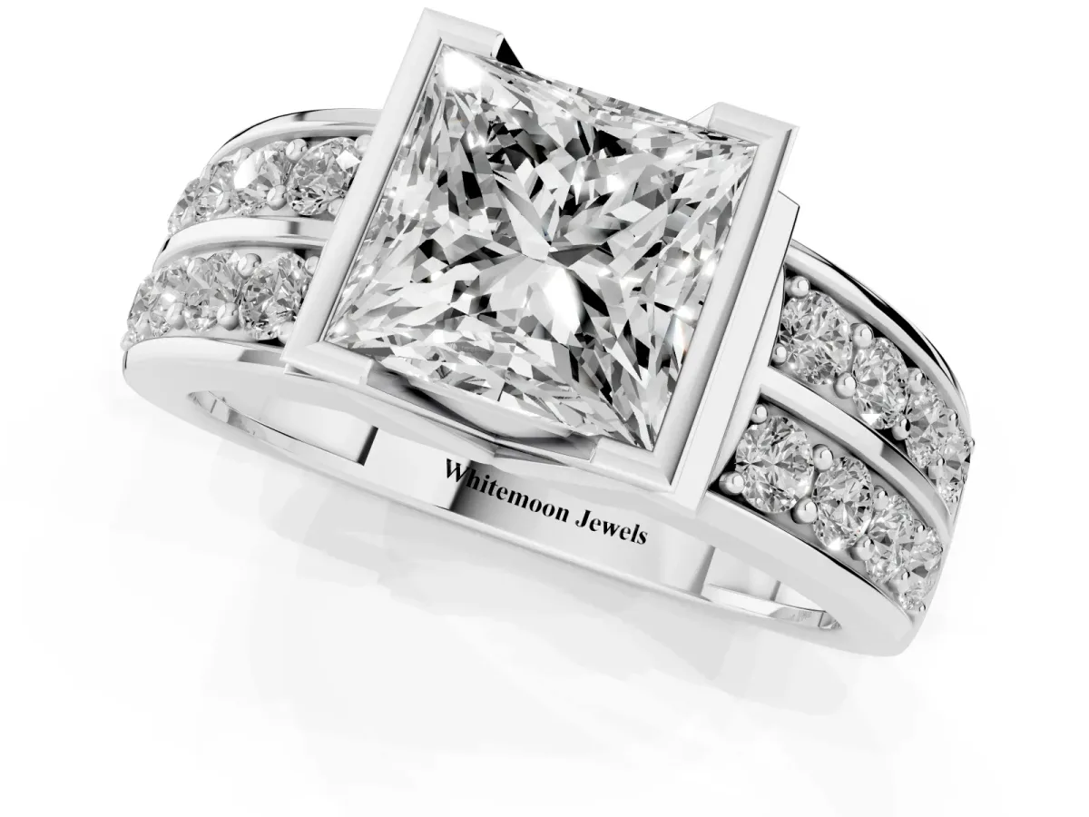 Princess Cut Brilliant Diamond Channel Set Wide Band Ring with Bezel Setting Platinum