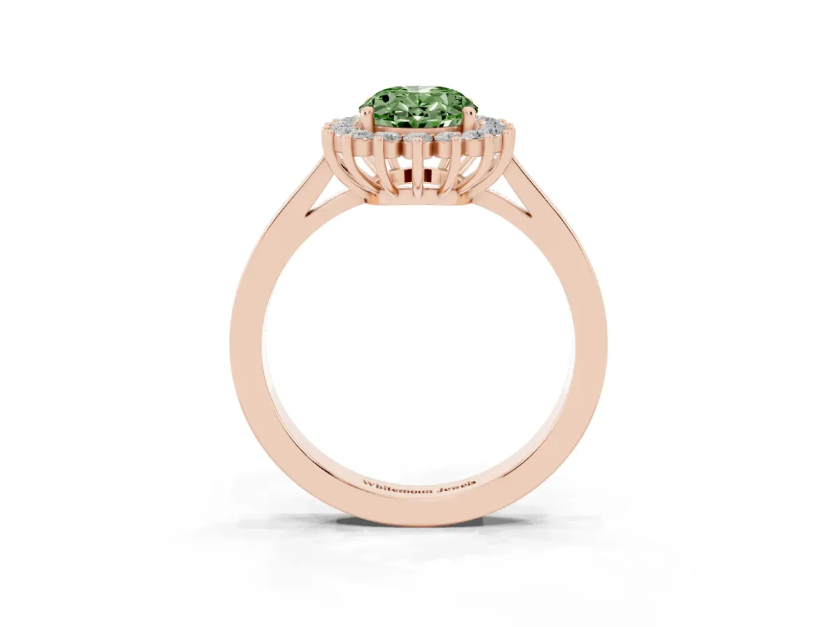 Fancy Green Oval Cut Cut Diamond Halo Ring with Round Brilliant Halo and Solitaire Band Rose gold