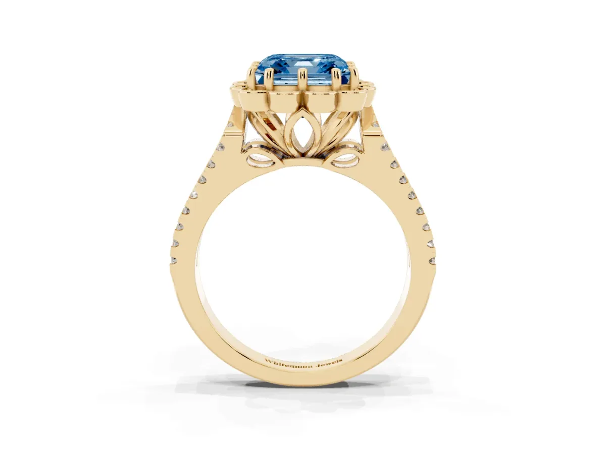 Fancy Blue Asscher Cut Halo Diamond Floral Split Shank Engagement Ring Yellow gold