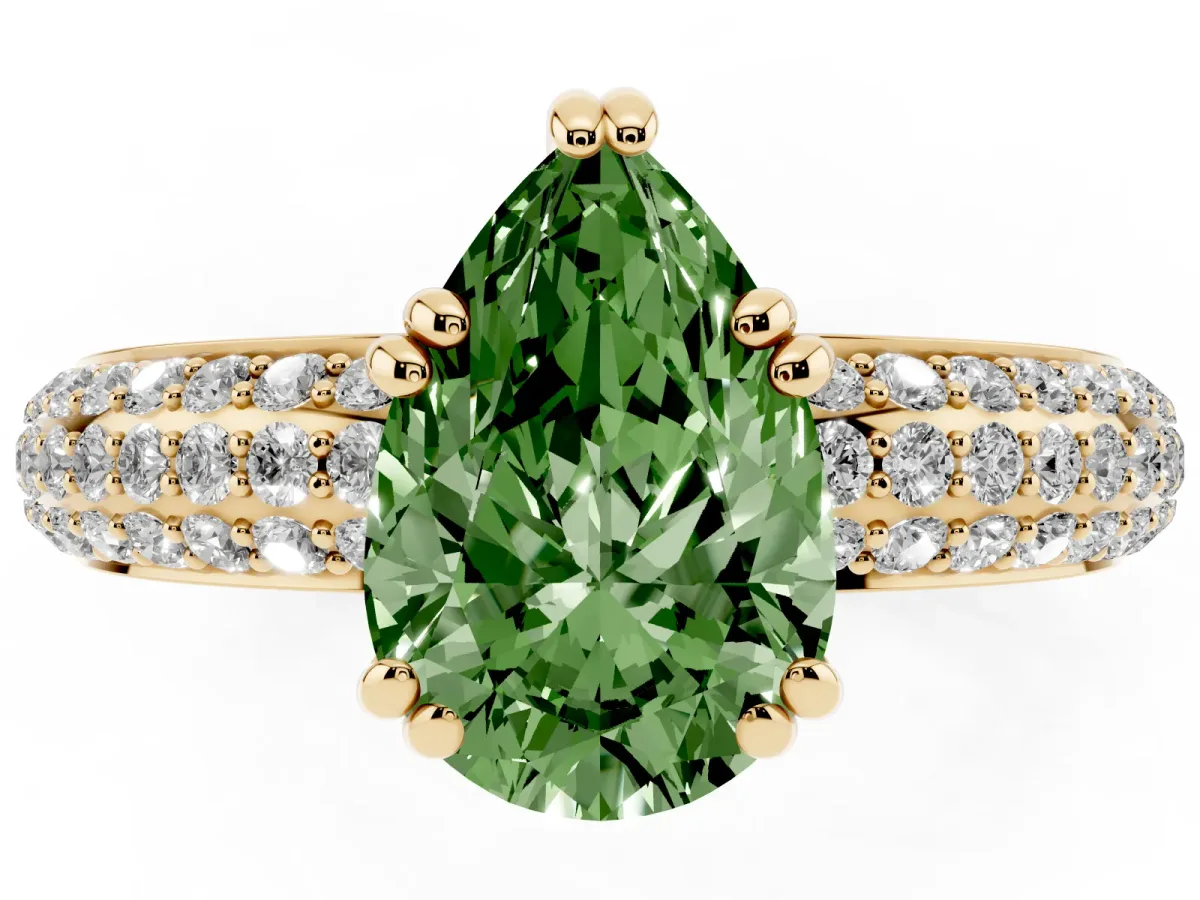 Fancy Green Pear Cut Diamond Solitaire Ring with Multi-Row Round Pavé Band and Prong Setting Yellow gold