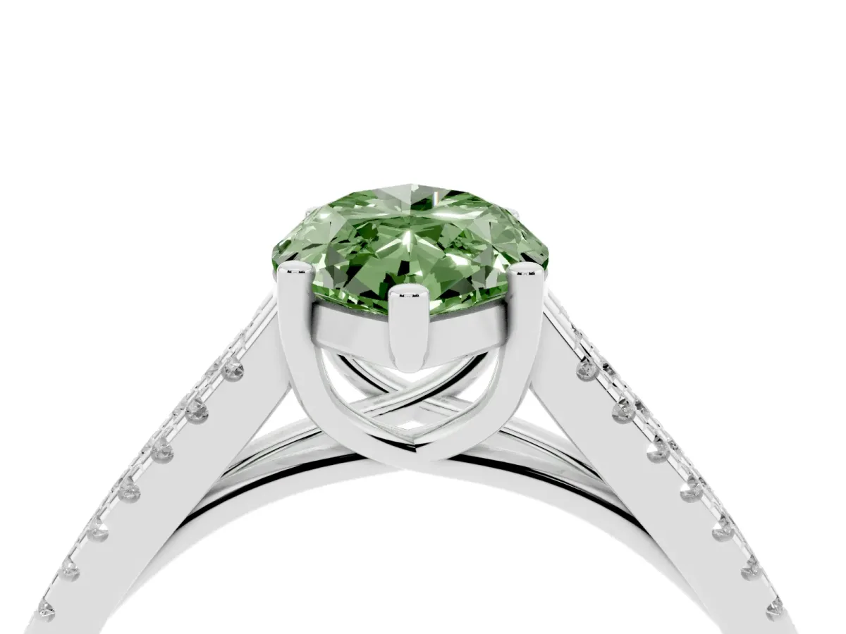 Fancy Green Marquise Cut Diamond Solitaire Engagement Ring with Split Shank Pavé Band Silver