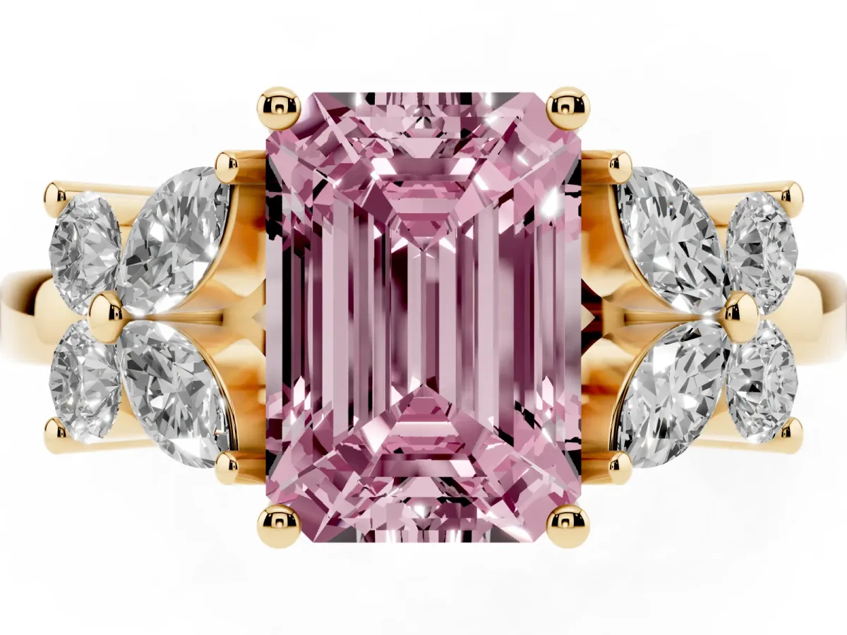 Fancy Pink Emerald Cut Diamond Floral Cluster Ring with Solitaire Band and Prong Setting Yellow gold