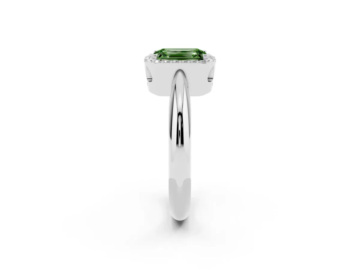 Fancy Green Emerald Cut Cut Diamond Halo Engagement Ring with Split Shank and Four-Prong Setting Silver