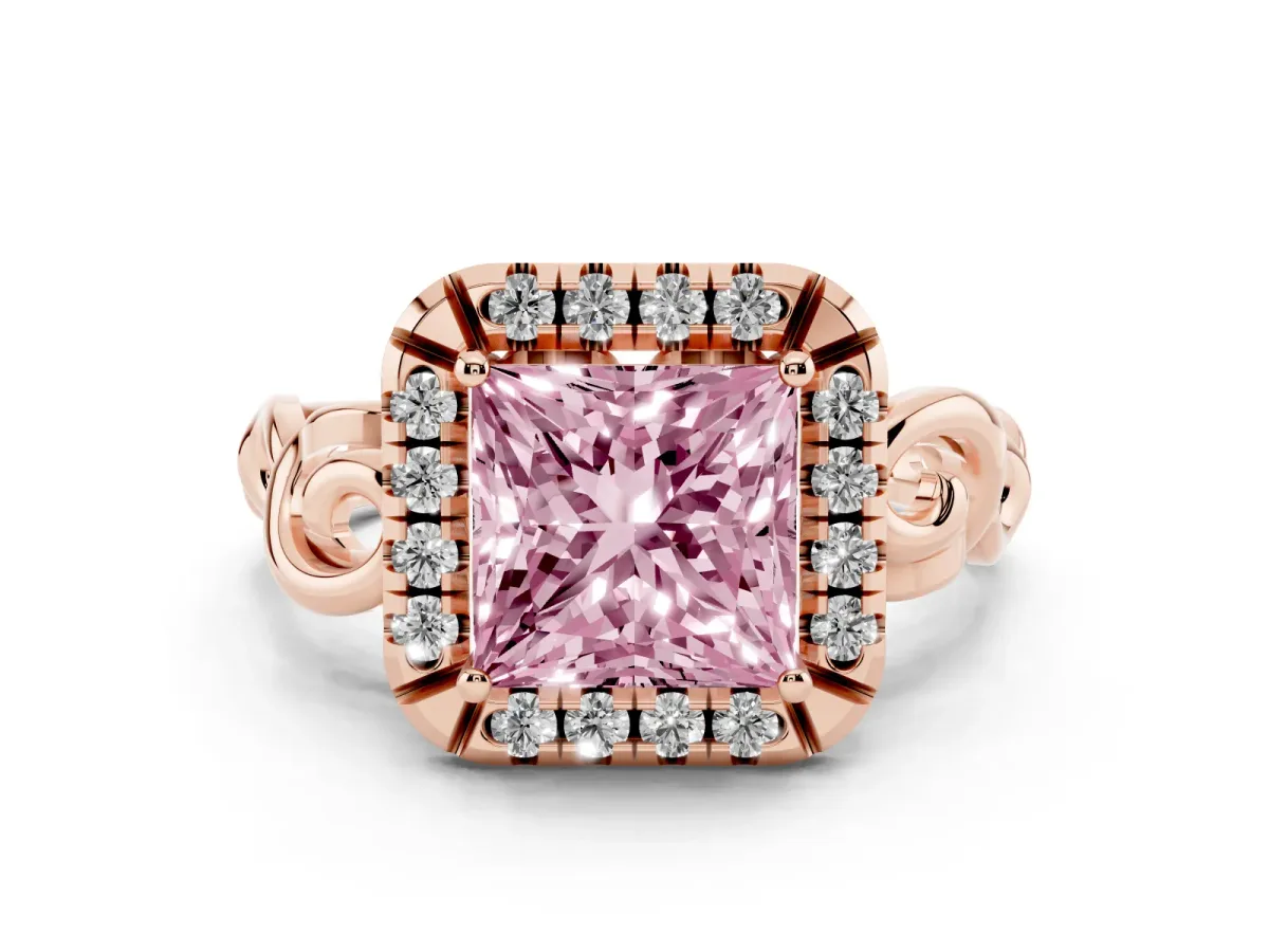 Fancy Pink Princess Cut Cut Halo Diamond Ring with Scrollwork Band and Four-Prong Setting Rose gold