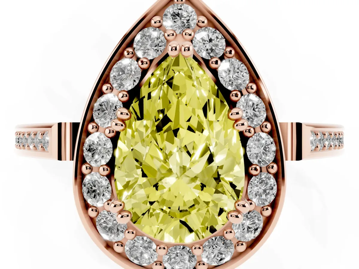 Fancy Yellow Pear Cut Diamond Halo Ring with Split Shank and Four-Prong Setting Rose gold